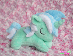 Size: 1458x1122 | Tagged: safe, artist:pinkuart, lyra heartstrings, g4, chibi, eyes closed, female, filly, filly lyra, irl, missing cutie mark, photo, plushie, sleeping, solo, watermark, younger