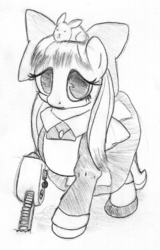 Size: 430x672 | Tagged: safe, artist:midwestbrony, angel bunny, fluttershy, g4, 4chan, aya drevis, chainsaw, crossover, female, mad father, monochrome, parody, solo, traditional art