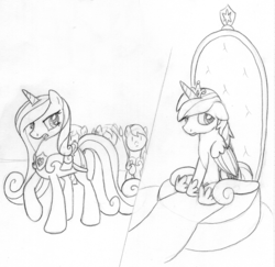 Size: 1168x1136 | Tagged: safe, artist:midwestbrony, princess cadance, shining armor, g4, 4chan, monochrome, princess, princessified, race swap, role reversal, throne, traditional art