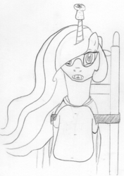 Size: 556x788 | Tagged: artist needed, safe, princess celestia, g4, 4chan, armbinder, bondage, cork, female, hannibal lecter, horn, horn guard, magic suppression, monochrome, movie reference, muzzle, solo