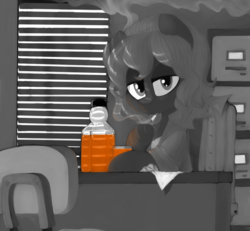 Size: 1135x1051 | Tagged: safe, artist:whydomenhavenipples, oc, oc only, oc:noelle, alcohol, bedroom eyes, chair, cigarette, desk, file cabinet, food, looking at you, monochrome, neo noir, noir, partial color, smoking, solo, whiskey