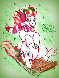 Size: 1409x1837 | Tagged: safe, artist:animagicworld, candy cane (g3), g3, beads, clothes, earmuffs, female, scarf, sled, solo, traditional art