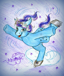 Size: 1478x1754 | Tagged: dead source, safe, artist:animagicworld, snowflake (g3), g3, female, ice skates, solo, traditional art
