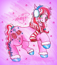 Size: 1403x1603 | Tagged: safe, artist:animagicworld, snow'el, g3, clothes, earmuffs, female, mittens, scarf, socks, solo, traditional art
