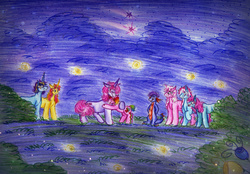 Size: 2263x1579 | Tagged: safe, artist:animagicworld, brights brightly, cheerilee (g3), master kenbroath gilspotten heathspike, minty, pinkie pie (g3), rainbow dash (g3), rarity (g3), whistle wishes, dragon, earth pony, pony, unicorn, g3, the runaway rainbow, adorabrights, colored pencil drawing, cute, eyes closed, female, g3 cheeribetes, g3 dashabetes, g3 diapinkes, g3 raribetes, g3 spikabetes, g3 whistlebetes, group, hug, mare, mintabetes, night, princess rarity, scene interpretation, smiling, stars, traditional art