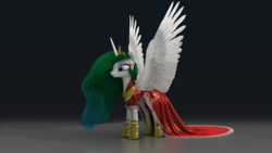 Size: 1920x1080 | Tagged: safe, artist:eqamrd, princess celestia, g4, 3d, 3ds max, clothes, crown, dress, eyeshadow, female, horseshoes, jewelry, makeup, peytral, regalia, shoes, solo