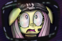 Size: 1427x943 | Tagged: safe, artist:theclassicthinker, fluttershy, g4, 2001: a space odyssey, astronaut, beyond the infinite, crossover, female, floppy ears, looking at something, movie reference, my god its full of stars, open mouth, reflection, shocked, solo, space, spacesuit, wide eyes, wormhole