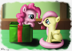 Size: 2500x1770 | Tagged: safe, artist:neko-me, fluttershy, pinkie pie, pony, g4, box, christmas, cute, diapinkes, duo, eye contact, female, filly, filly fluttershy, filly pinkie pie, gift giving, mouth hold, pony in a box, present, shyabetes, sitting, smiling, younger