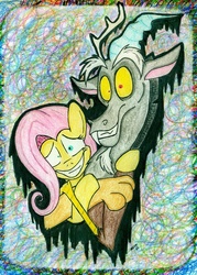 Size: 861x1200 | Tagged: safe, artist:wahyawolf, discord, fluttershy, pegasus, pony, g4, abstract background, crazy face, creepy, creepy smile, faic, female, hug, looking at you, male, smiling, smiling at you, traditional art