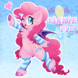 Size: 3500x3500 | Tagged: safe, artist:pvrii, pinkie pie, bat pony, pony, g4, bipedal, chest fluff, fangs, female, fluffy, heart, high res, leg warmers, mare, one eye closed, race swap, smiling, solo, wink