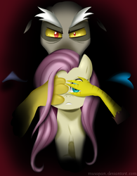 Size: 835x1072 | Tagged: safe, artist:musapan, discord, fluttershy, g4, covering eyes, duo, guess who