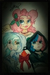 Size: 820x1230 | Tagged: safe, artist:gingerthefox, bon bon, lyra heartstrings, pinkie pie, sweetie drops, human, g4, a christmas carol, ghosts of christmas, humanized, traditional art