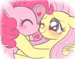 Size: 1280x996 | Tagged: safe, artist:momo, fluttershy, pinkie pie, earth pony, pegasus, pony, g4, blushing, cheek kiss, cute, diapinkes, duo, eyes closed, female, floppy ears, heart, kissing, lesbian, mare, one eye closed, ship:flutterpie, shipping, shyabetes, smiling, sparkles, wink