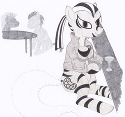 Size: 1280x1198 | Tagged: safe, oc, oc only, zebra, clothes, counter, female, gray, grayscale, jacket, leather jacket, limited palette, markers, monochrome, ponytail, solo, traditional art