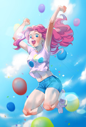 Size: 700x1033 | Tagged: safe, artist:kiryue, pinkie pie, human, g4, armpits, arms in the air, balloon, belly button, clothes, cloud, confetti, female, humanized, jumping, lens flare, midriff, open mouth, sexy, shirt, shoes, shorts, sky, solo, thighs