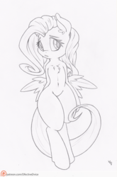 Size: 661x1000 | Tagged: safe, artist:dfectivedvice, fluttershy, semi-anthro, g4, chest fluff, ear fluff, female, grayscale, hoof hands, monochrome, patreon, patreon logo, solo