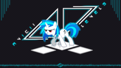 Size: 1920x1080 | Tagged: safe, artist:minhbuinhat99, artist:silentmatten, dj pon-3, vinyl scratch, pony, unicorn, g4, avicii, cutie mark, desktop background, female, hooves, horn, levels, mare, red eyes, reflection, smiling, solo, song reference, teeth, text, vector, wallpaper, wrong eye color