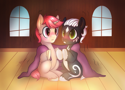 Size: 3066x2219 | Tagged: safe, artist:pingwinowa, oc, oc only, oc:intrepid charm, fairy filly (filly funtasia), filly (filly funtasia), pony, unicorn, blanket, cold, cuddling, duo, duo male, filly (dracco), filly funtasia, high res, male, missing accessory, shivering, snuggling, stallion, willow (filly funtasia)