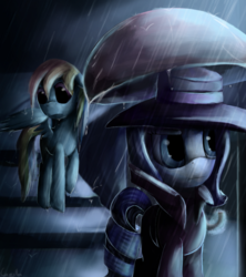 Size: 800x902 | Tagged: safe, artist:camyllea, rainbow dash, rarity, g4, clothes, coat, detective, detective rarity, hat, rain