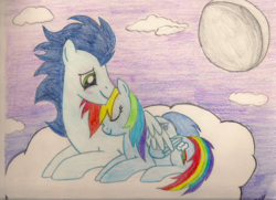 Size: 1024x742 | Tagged: safe, artist:northlights8, rainbow dash, soarin', pony, g4, female, male, ship:soarindash, shipping, straight, traditional art