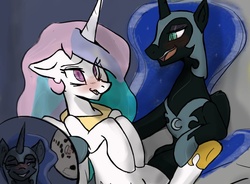 Size: 818x602 | Tagged: safe, artist:^:3, nightmare moon, princess celestia, alicorn, pony, g4, 4chan, armor, blushing, cute, ear fluff, eyeshadow, female, gradient background, incest, jewelry, lesbian, looking at each other, makeup, moon, one eye closed, open mouth, ship:mooncest, shipping, smiling