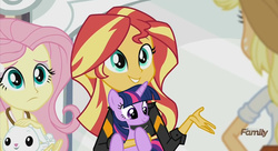 Size: 952x518 | Tagged: safe, artist:angeltorchic, edit, edited screencap, screencap, angel bunny, applejack, fluttershy, sunset shimmer, twilight sparkle, pony, equestria girls, g4, my little pony equestria girls: friendship games, cute, discovery family logo, holding a pony, shimmerbetes, sunset's little twilight, tiny ponies, twiabetes, twilight sparkle (alicorn)