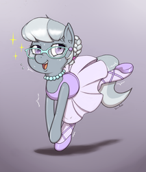 Size: 844x992 | Tagged: safe, artist:i am nude, silver spoon, earth pony, pony, g4, 4chan, active stretch, ballerina, clothes, cute, diabetes, female, filly, flexible, glasses, happy, jewelry, leotard, lidded eyes, looking at you, necklace, open mouth, pearl necklace, shivering, silverbetes, smiling, solo, sparkles, sweat, tights, tutu