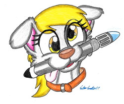 Size: 2229x1875 | Tagged: safe, artist:silversimba01, derpy hooves, dog, golden retriever, g4, collar, cute, derpabetes, doctor who, eye clipping through hair, female, smiling, solo, sonic screwdriver, species swap, switch, traditional art