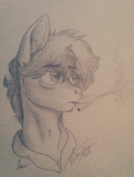 Size: 599x793 | Tagged: safe, artist:fillydrawsilly, oc, oc only, oc:joen klausen, earth pony, pony, black and white, cigarette, grayscale, male, monochrome, simple background, smoking, solo, stallion, traditional art