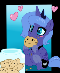 Size: 800x970 | Tagged: safe, artist:johnjoseco, artist:krazykari, princess luna, alicorn, pony, g4, blushing, cookie, cute, female, filly, food, heart, lunabetes, sitting, solo, woona