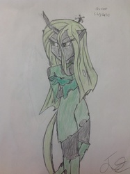 Size: 1024x1371 | Tagged: safe, artist:ham8one, queen chrysalis, equestria girls, g4, boots, clothes, crossed arms, dress, female, gloves, horn, horned humanization, humanized, solo, traditional art