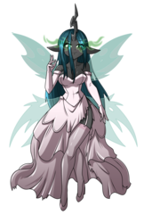 Size: 1024x1498 | Tagged: safe, artist:danmakuman, queen chrysalis, changeling, changeling queen, fairy, anthro, g4, bride, butterfly wings, cleavage, clothes, dress, evening gloves, female, garter belt, garters, gloves, glowing eyes, high heels, socks, solo, stockings, thigh highs, wedding dress