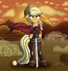 Size: 2500x2600 | Tagged: safe, artist:vanillaghosties, applejack, earth pony, pony, g4, bipedal, cape, clothes, crossover, female, floppy ears, grin, gun, hat, high res, league of legends, mare, revolver, solo, sword, weapon