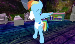 Size: 1440x853 | Tagged: safe, artist:drizzle-star, rainbow dash, g4, 3d, diaper, female, handkerchief, non-baby in diaper, nose blowing, second life, solo, tissue