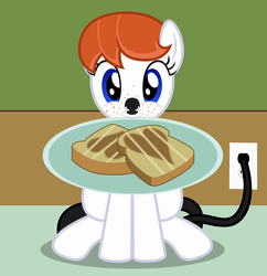 Size: 1952x2020 | Tagged: safe, artist:badumsquish, derpibooru exclusive, oc, oc only, oc:ginger-bread, object pony, original species, pony, toaster pony, g4, bread, counter, cute, female, food, freckles, ginger, hair bun, kitchen, looking at you, mouth hold, plate, ponified, red hair, redhead, sitting, smiling, solo, toast, toaster, us plug, wall socket, wat