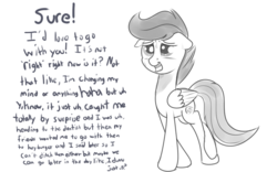 Size: 1024x640 | Tagged: safe, artist:cosmonaut, scootaloo, g4, awkward, braces, cute, cutealoo, dialogue, female, lanky, monochrome, shy, skinny, solo, thin