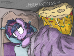 Size: 1100x844 | Tagged: safe, artist:flutterthrash, twilight sparkle, alicorn, pony, g4, bed, dream, female, food, mare, nightmare, quesadilla, quesadilla monster, scared, sleeping, they're just so cheesy, twilight sparkle (alicorn), wide eyes