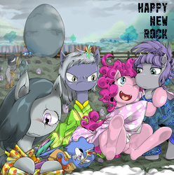 Size: 1140x1150 | Tagged: safe, artist:suzumaru, cloudy quartz, igneous rock pie, limestone pie, marble pie, maud pie, pinkie pie, trixie, pony, unicorn, g4, alternate hairstyle, angry, blushing, clothes, cute little fangs, fangs, female, hair over one eye, happy new year, holder's boulder, hug, kimono (clothing), looking at each other, mare, one eye closed, open mouth, pie family, pie sisters, ship:quartzrock, sitting, smiling, trixie's cape, trixie's hat, underhoof, wavy mouth
