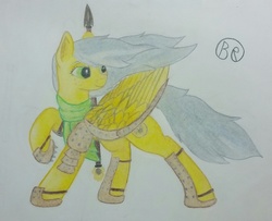 Size: 1024x832 | Tagged: safe, artist:blastradiuss, oc, oc only, oc:radiant resplendence, pegasus, pony, ponyfinder, armor, cleric, clothes, dungeons and dragons, pathfinder, pen and paper rpg, rpg, scarf, solo, spear, weapon