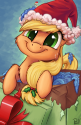 Size: 1300x2000 | Tagged: safe, artist:pirill, applejack, derpy hooves, earth pony, pegasus, pony, g4, bow, box, christmas, cute, female, hat, holiday, holly, jackabetes, mare, pony in a box, present, santa hat, smiling, solo focus, weapons-grade cute