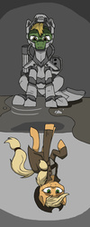 Size: 1000x2496 | Tagged: safe, artist:whitepone, applejack, oc, oc:applesnack, oc:steelhooves, earth pony, pony, fallout equestria, g4, armor, clothes, coat, crying, duality, fanfic, fanfic art, female, gun, hat, hooves, male, mare, ministry mares, power armor, powered exoskeleton, puddle, scar, stallion, weapon