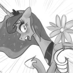 Size: 664x666 | Tagged: safe, artist:ehfa, princess luna, alicorn, human, pony, g4, duo, female, flower, grayscale, hand, looking back, mare, monochrome, offscreen character, raised hoof, simple background, solo, surprised, white background