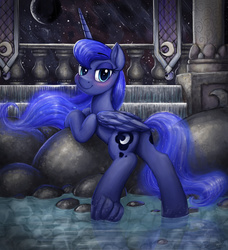 Size: 6000x6572 | Tagged: safe, artist:selenophile, edit, princess luna, alicorn, pony, g4, absurd resolution, blushing, butt, female, looking at you, looking back, mare, moon, plot, raised tail, sfw edit, solo, stars, tail, underhoof, water, wet