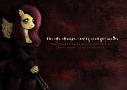 Size: 1980x1400 | Tagged: safe, artist:shakuchan, fluttershy, anthro, g4, angel with a shotgun, brick wall, female, gun, looking at you, lyrics, nightcore, shotgun, solo, song reference, text, weapon