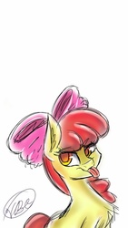 Size: 600x1067 | Tagged: safe, artist:vermillion-draws, apple bloom, earth pony, pony, g4, :p, chest fluff, cute, ear fluff, female, filly, frown, lidded eyes, looking at you, raspberry, silly, sitting, solo, tongue out