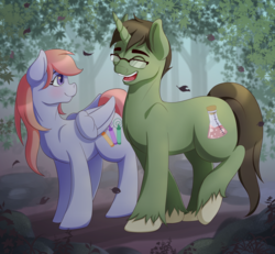 Size: 3900x3600 | Tagged: safe, artist:fawness, oc, oc only, pegasus, pony, unicorn, couple, cute, female, glasses, high res, male, ponysona, redraw, scenery, shipping, straight, walking