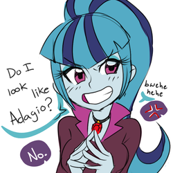Size: 748x748 | Tagged: safe, artist:rileyav, sonata dusk, equestria girls, g4, my little pony equestria girls: rainbow rocks, blushing, clothes, cross-popping veins, dialogue, female, gem, grin, implied aria blaze, impressions, jewelry, looking at you, necklace, ponytail, siren gem, smiling, solo