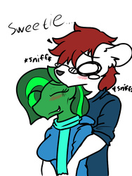 Size: 600x800 | Tagged: safe, artist:whitebear, oc, oc only, oc:jade aurora, oc:whiteboard, earth pony, anthro, blushing, clothes, crying, female, glasses, male, oc x oc, scarf, shipping, sick, smiling, snuggling, straight, sweater