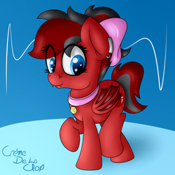 Size: 4000x4000 | Tagged: safe, artist:cremedelaclop, oc, oc only, oc:cherry bomb, bat pony, pony, bat wings, blue eyes, bow, collar, fangs, female, hair bow, mare, pet tag, piercing, solo, wings