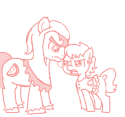 Size: 640x600 | Tagged: safe, artist:ficficponyfic, oc, oc only, oc:ruby rouge, earth pony, pony, colt quest, adult, angry, child, earring, female, filly, foal, male, monochrome, piercing, reverse trap, shopkeeper, stallion, story included, tomboy, young